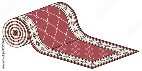 A vector graphic illustration of a rolled red and white patterned rug on a plain background