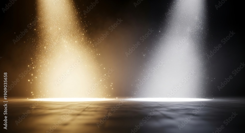 Obraz premium Dramatic stage with golden and silver spotlight beams shining down