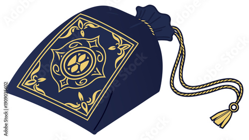A navy blue pouch with gold drawstring and ornate design on a white background