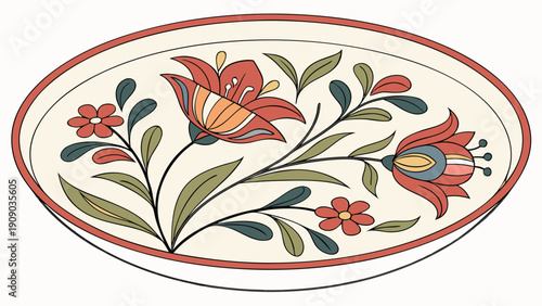 A colorful floral design on a decorative oval plate with a red border