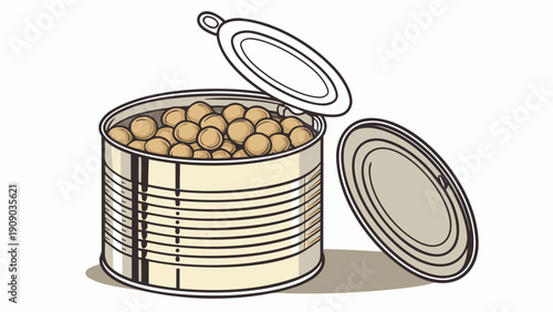 A vector graphic illustration of an open can of food with a lid leaning against the side.
