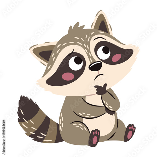 Cute raccoon in a pensive pose. Flat vector illustration in a simple children's style. Vector illustration