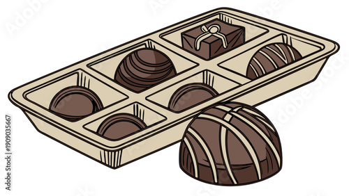 A vector graphic illustration of a box of assorted chocolates with one chocolate dropped out