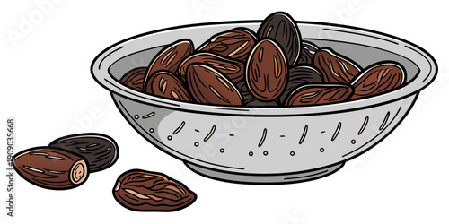 A vector graphic illustration of a bowl of dates with some spilling out