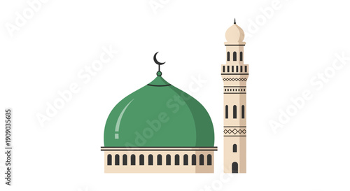 Illustration of a mosque with a green dome and minaret, symbolizing Islamic architecture and culture from a frontal viewpoint