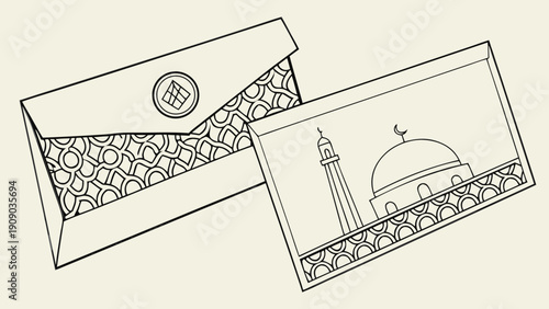 A minimalist vector illustration of an envelope with a mosque design on the insert card, featuring a simple line art style and a beige background.