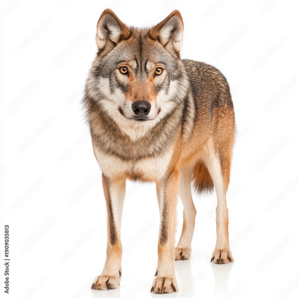 Fototapeta premium Majestic Light Brown Wolf Standing Upright with Amber Eyes on White Background
