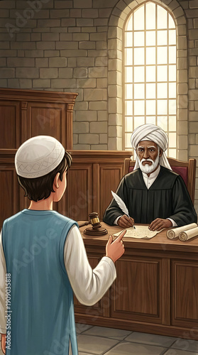 A young student receives a document from a seated elderly scholar in a traditional study