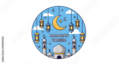 Illustration of a mosque with a green dome and minaret, symbolizing Islamic architecture and culture from a frontal viewpoint