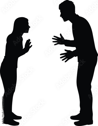 Silhouette of arguing couple facing each other, isolated on white background, relationship conflict concept, communication problem, disagreement, emotional tension scene