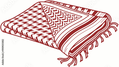A folded red and white patterned shemagh scarf with tassels on a plain background
