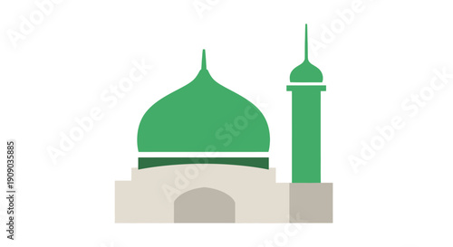 Illustration of a mosque with a green dome and minaret, symbolizing Islamic architecture and culture from a frontal viewpoint