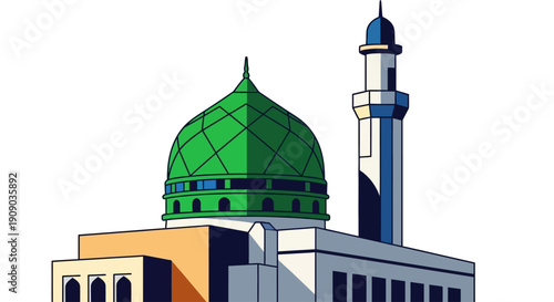 Illustration of a mosque with a green dome and minaret, symbolizing Islamic architecture and culture from a frontal viewpoint