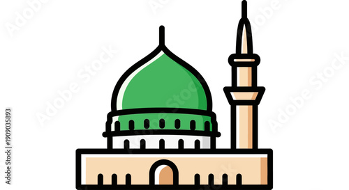 Illustration of a mosque with a green dome and minaret, symbolizing Islamic architecture and culture from a frontal viewpoint