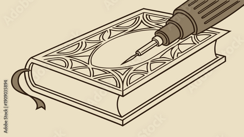 A vector graphic illustration of a fountain pen engraving a design on a book cover with a ribbon bookmark.