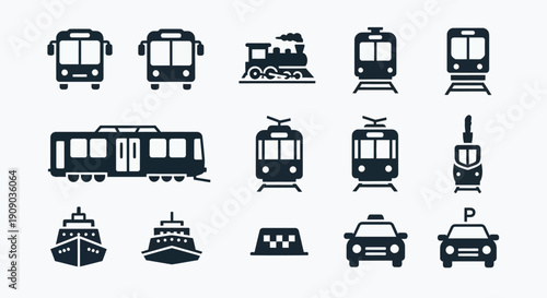 Public Transport Icons: Bus, Train, Tram, Taxi, Ship