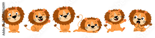 A set of flat vector illustrations in a simple, childish style. Cute lions in various poses and expressions. Vector illustration