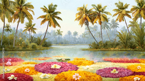Kerala floral carpet on a serene backwater with coconut trees and boats