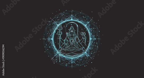 Abstract cosmic depiction of a meditating ancient deity with glowing energy patterns, symbolizing spiritual enlightenment and universal connection in a serene art style