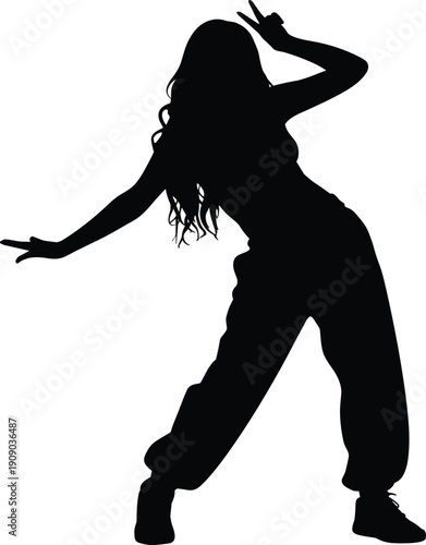 Silhouette of female dancer posing in dynamic hip hop move, isolated on white background, urban dance style, modern choreography expression