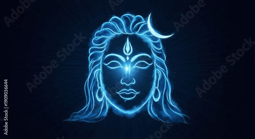 Mesmerizing digital illustration depicting the enlightened face of a Hindu deity, radiating spiritual wisdom and cosmic energy with a luminous blue glow, symbolizing meditation and inner peace
