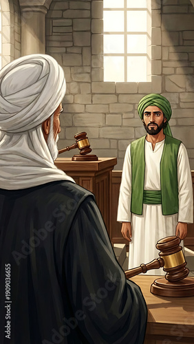 Man in traditional attire stands before a judge in a courtroom with stone walls and wooden furniture