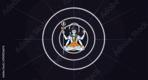 Divine Hindu deity illustration with mystical aura and sacred geometry in a celestial setting, depicting universal harmony and spiritual enlightenment