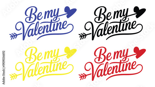Colorful Valentine's Day stickers with 'Be my Valentine' text on white background