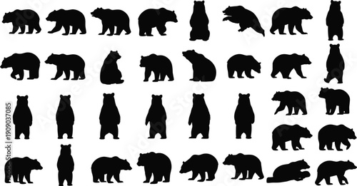 Bear silhouette collection featuring wild brown bear poses, walking, standing, sitting and running animal shapes isolated on white background