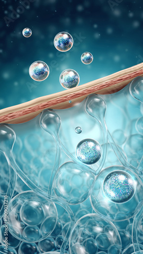 Close-up of molecules or cells with spherical structures and interconnected filaments.