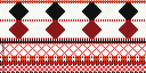 Seamless Red and Black Diamond Tribal Pixel Art Motif Pattern