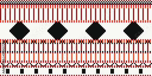Seamless Orange Red and Black Tribal Pixel Art Pattern with Diamond Accents