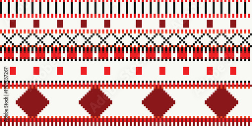 Seamless Red and Black Folk Geometric Pixel Art Border Pattern