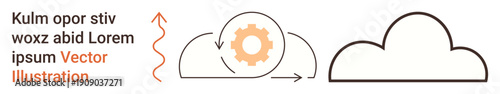 Cloud services, data exchange, technology infrastructure, automation, cloud computing process, file sharing. Graphic of a gear within a cloud indicating synchronization. Cloud services and data