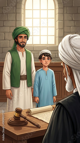 Judge reviewing case with man and boy standing before him in courthouse