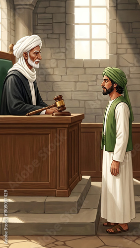 Man standing before judge in traditional attire in a courtroom with stone walls and wooden furniture