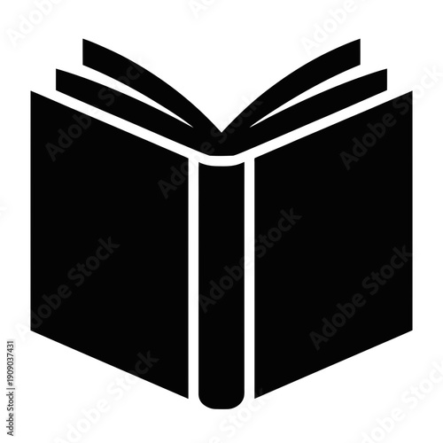 A black icon of an open book on a white background