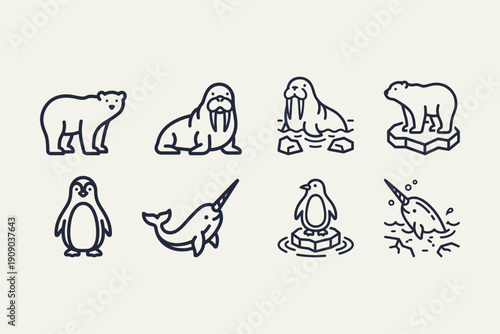 Cute Arctic Antarctic Marine Animals Outline Icons Set
