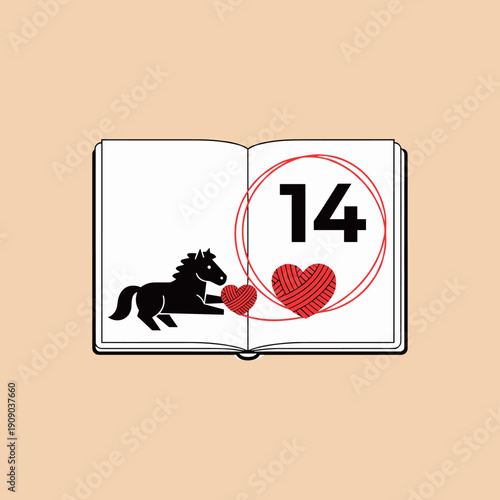 Black horse and heart yarn ball on open book with number fourteen, romantic story and valentine day concept flat vector illustration for design