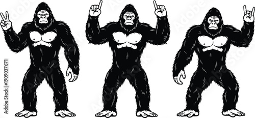 Gorilla mascot character set, strong ape vector illustration isolated on white background, powerful primate cartoon collection design