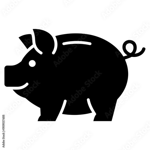 A black piggy bank icon on a white background for saving money