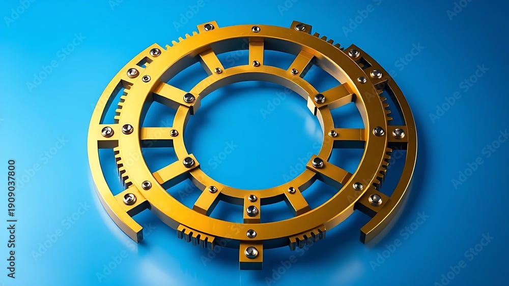 Naklejka premium Golden mechanical components forming circular pattern on gradient blue backdrop.