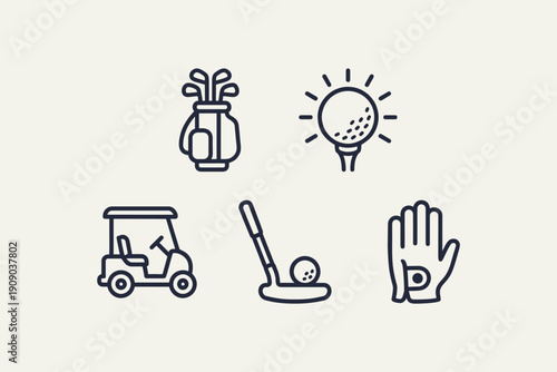 Essential Golf Equipment and Accessories Line Icons Set
