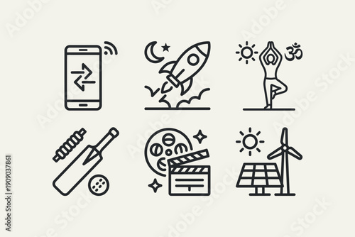 Essential Technology Entertainment and Sustainable Energy Outline Icons