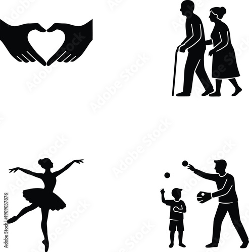 Lifestyle silhouette collection featuring heart hands, elderly couple walking, a ballet dancer, and father playing catch with son."