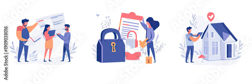 Mortgage approval process with people signing documents, bank security, and receiving house keys in flat minimalist vector illustration style