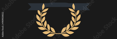 Flat minimalist gold laurel wreath icon with dark ribbon banner symbol of victory success achievement honor and excellence design element for awards and recognition