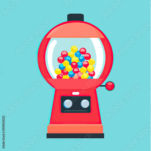 Red gumball machine filled with colorful red yellow and blue gumballs in flat minimalist vector style on blue background