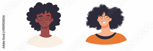 Two diverse smiling people with curly hair and glasses, male and female avatars in flat minimalist style, isolated vector portraits on white background for profile or social concept