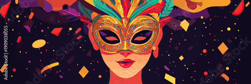 Colorful carnival mask with glitter and feathers on female face with red lips and festive confetti background vector illustration